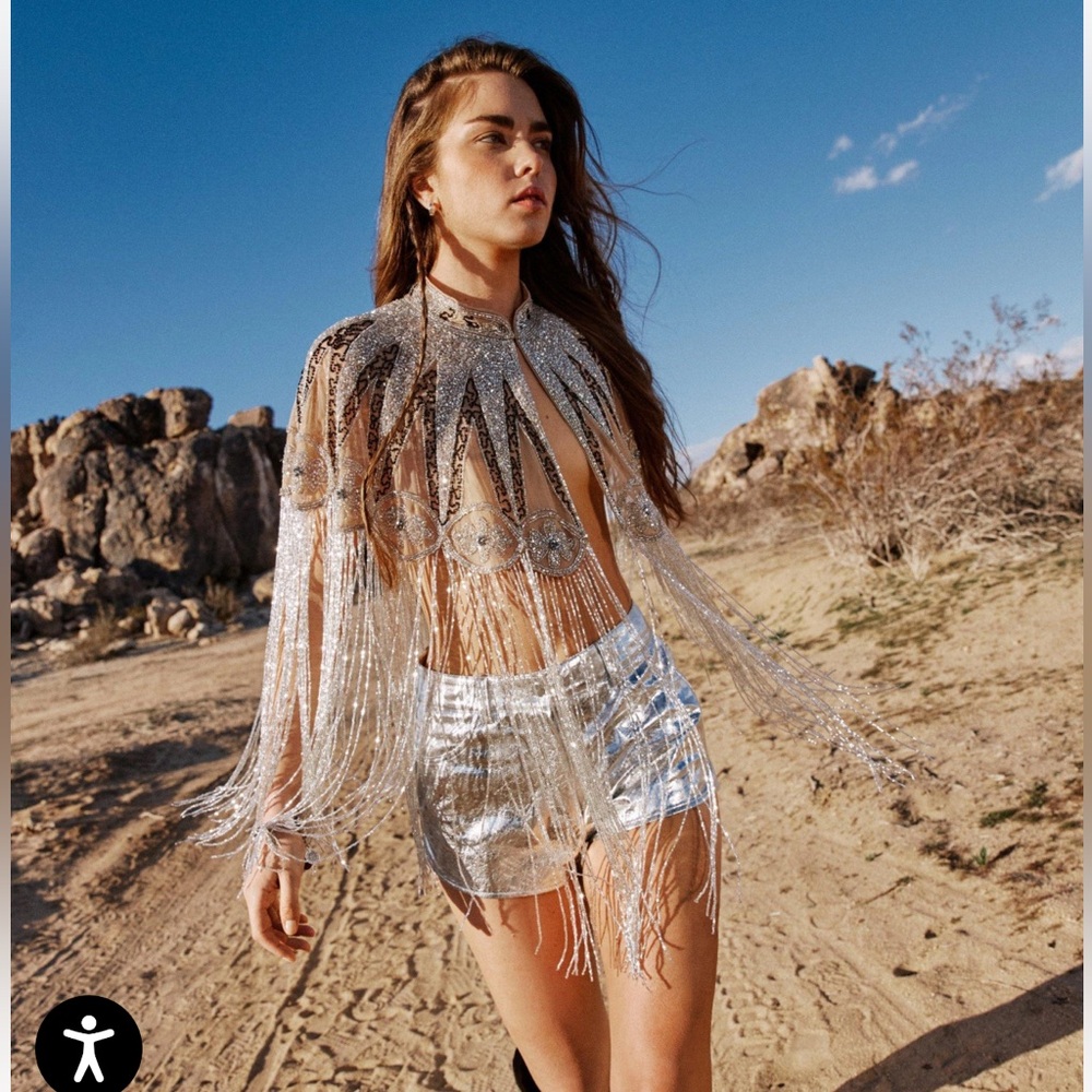 Nasty Gal Silver Sequin Fringe Cape Top